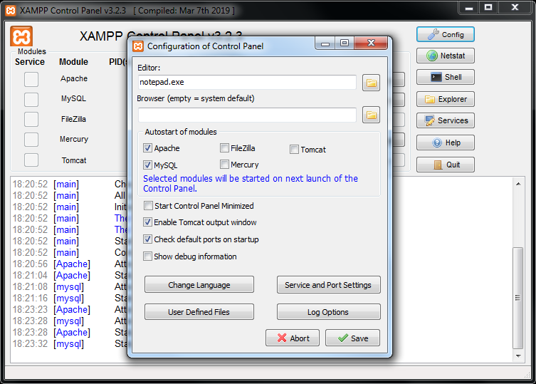 Configurazione pannello controllo XAMPP